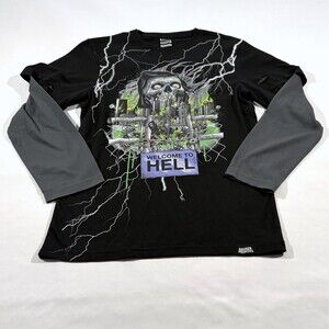 Broken Promises Welcome to Hell Graphic Print Long Sleeve T-Shirt Black Men XS